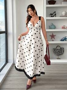 Elenzga Đầm chữ A phối ren chấm bi xẻ tà dành cho nữ cỡ lớn, trang phục thanh lịch cho kỳ nghỉ, hẹn hò và dự tiệc. - Nhiều màu - Xem 5