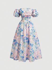 SHEIN MOD Đầm midi nữ trễ vai tay phồng họa tiết hoa, mùa xuân - Nhiều màu - Xem 3