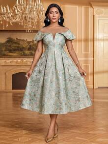 SHEIN Lady 女士花卉提花撞色网纱圆领褶裥设计优雅连衣裙 - 彩色 - 查看 5