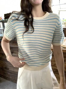 DAZY Women's Retro Chic Round Neck Loose Casual Colorblock Striped Short Sleeve Knit Sweater Top, Spring/Summer - Blue - View 5