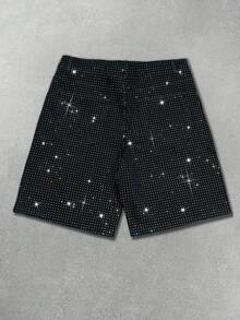 Manfinity EMRG Men's American Hip Hop Street Fashion Party Life Rhinestone Washed Black Denim Shorts - Black - View 2