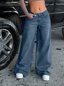 EURMUSE 100%纯棉女士口袋装饰阔腿宽松低腰牛仔裤 - 中等水洗藍 - 查看 3