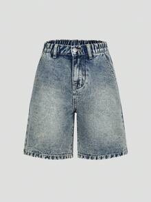 SHEIN 少女Y2K街头风户外休闲做旧松紧腰宽松牛仔短裤 - 淺色水洗藍 - 查看 3