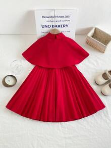 SHEIN Vestido elegante de niña con capa de vuelo con detalle de lazo y bajo plisado de unicolor - Rosa Fucsia - Ver 7