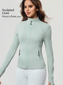 OutZeal Giacca sportiva da donna, colore unito, per allenamento, palestra, yoga, asciugatura rapida, aderente, con collo alto, chiusura lampo, top attivo, adatta per estate e primavera - Verde - Visualizzare 2