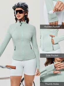 OutZeal Giacca sportiva da donna, colore unito, per allenamento, palestra, yoga, asciugatura rapida, aderente, con collo alto, chiusura lampo, top attivo, adatta per estate e primavera - Verde - Visualizzare 4