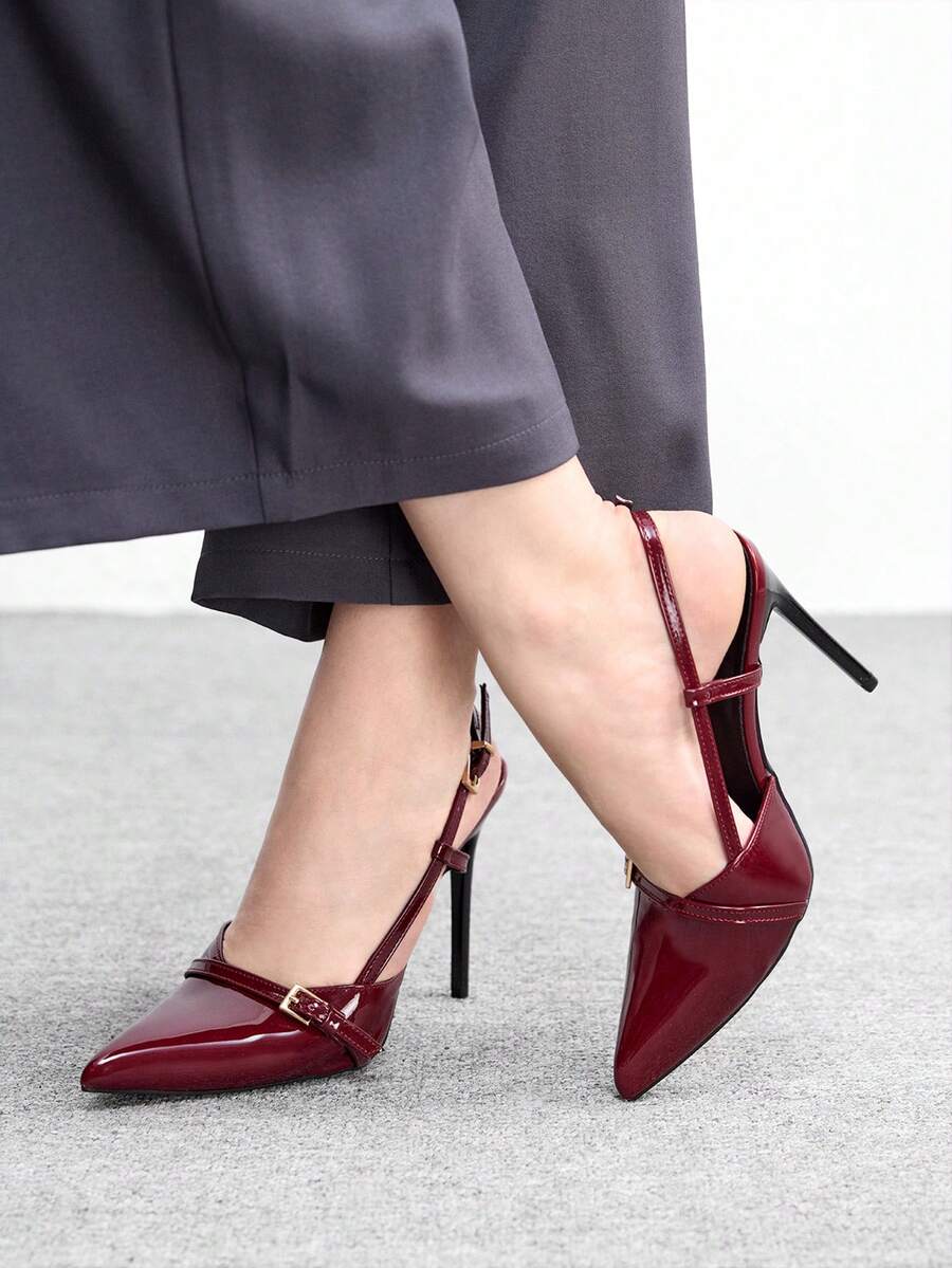 CUCCOO BIZCHIC 女士尖头露跟高跟鞋，性感细高跟户外通勤派对礼服鞋 - 酒紅色 - 查看 1