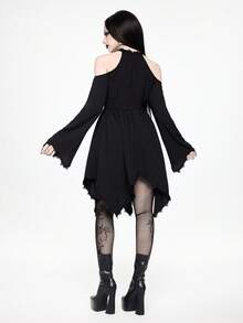 ROMWE Boho Goth Dark Forbidden Forest Snake Dreamcatcher Embroidery Hollow Design Flare Sleeve Asymmetrical Hem Dress - Black - View 10