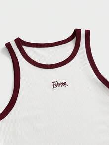 ESTAVOR Men Ribbed Contrast Binding Embroidered Letter Slim Fit Tank Top Summer Streetwear Casual Gym Muscle Tank Top - White - View 3
