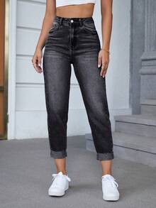 Women's Casual Daily Commute Simple Versatile High Waist Skinny Cuffed Cropped Denim Jeans - Black - View 6