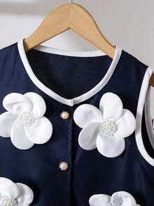 SHEIN Girls' Sleeveless Bow Tie Cardigan Top And Pleated Skirt Elegant Summer Set - Multicolor - View 5