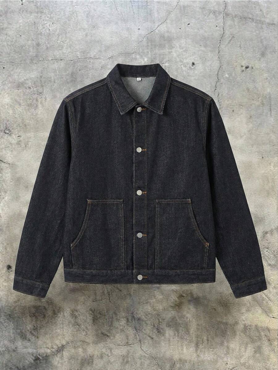 Manfinity EMRG Áo khoác denim ngắn, dáng ôm, rộng, màu xanh đậm, phong cách thường ngày, dành cho người trưởng thành, thích hợp cho mùa thu/đông. - Màu xanh lam - Xem 1