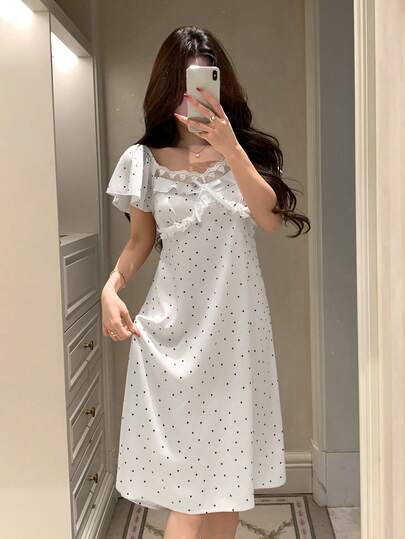 DAZY Satin Polka Dot Allover Print Lace Patchwork Ruffle Hem Women Nightgown