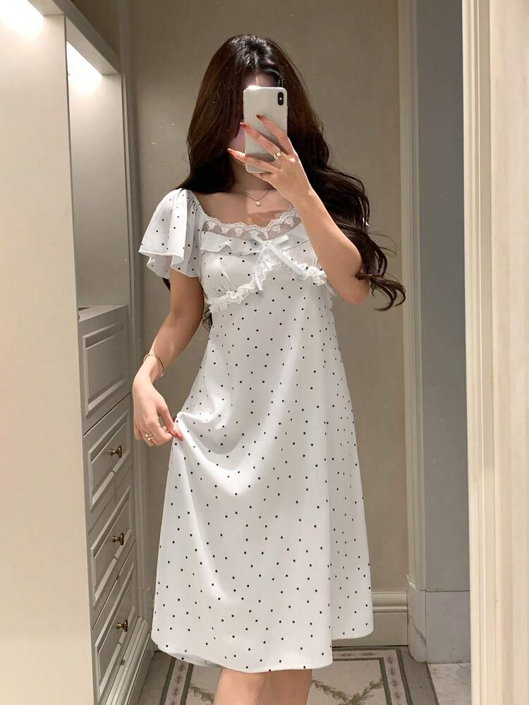 Satin Polka Dot Allover Print Lace Patchwork Ruffle Hem Women Nightgown