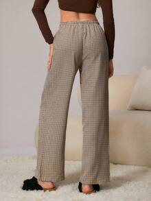HautHeat Women's Drawstring Waist Plaid Button Design Straight Leg Lounge Pants - Khaki - View 2