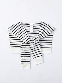 SHEIN 少女休闲度假通勤极简主义束腰伞裙连衣裙搭配条纹水手披肩 - 黑與白 - 查看 6