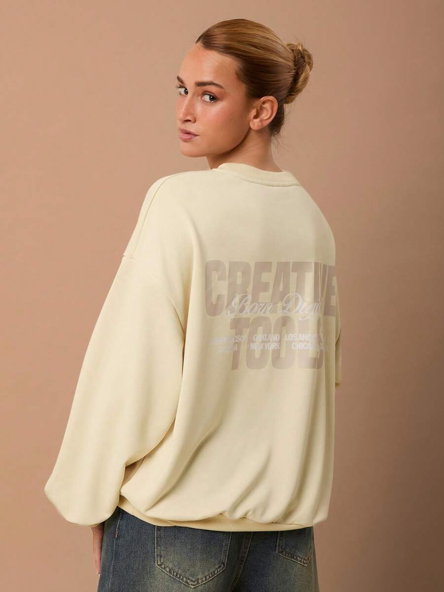 SURIMA 休闲简约印花连帽长袖宽松女式卫衣 - 米色 - 查看 1