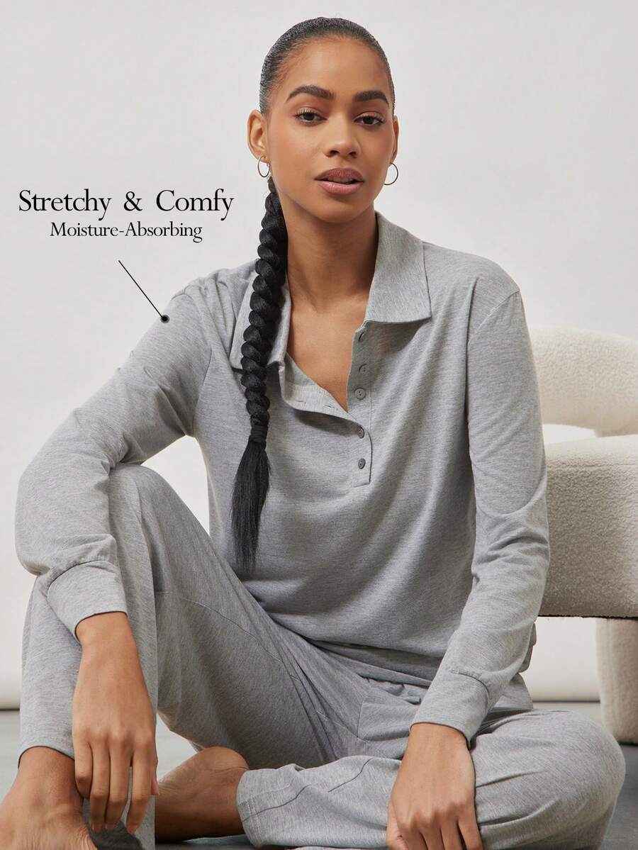 Ocili 两件套时尚休闲柔软舒适睡衣套装，竹纤维领口纽扣长袖上衣和长裤，夏季 - 灰色 - 查看 1