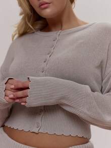MUSERA Knitted Cinched Button Through Scallop Hem Top Cute Cosy Spring Everyday Sugar Swizzle - Grey - View 2