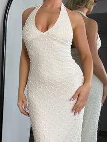 Bethéva 春夏新款浪漫 V 领纹理紧腰修身长裙，优雅约会之夜造型 - 杏色 - 查看 3