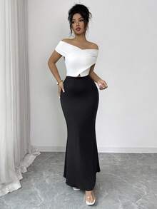 Rafferiza Women's Elegant & Romantic Black & White Color Block Bodycon Maxi Dress, Versatile Styling - Brown - View 5