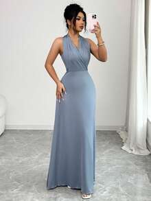 Rafferiza 女士新款优雅浪漫浅蓝色针织披肩连衣裙 - 可调节腰带，收腰飘逸长款连衣裙 - 灰藍色 - 查看 5