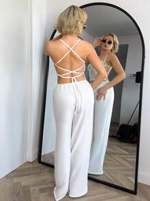 Bethéva 浪漫約會露背綁頸蕾絲白色女士背心 - 白色 - 查看 2