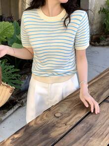 DAZY Women's Retro Chic Round Neck Loose Casual Colorblock Striped Short Sleeve Knit Sweater Top, Spring/Summer - Blue - View 8