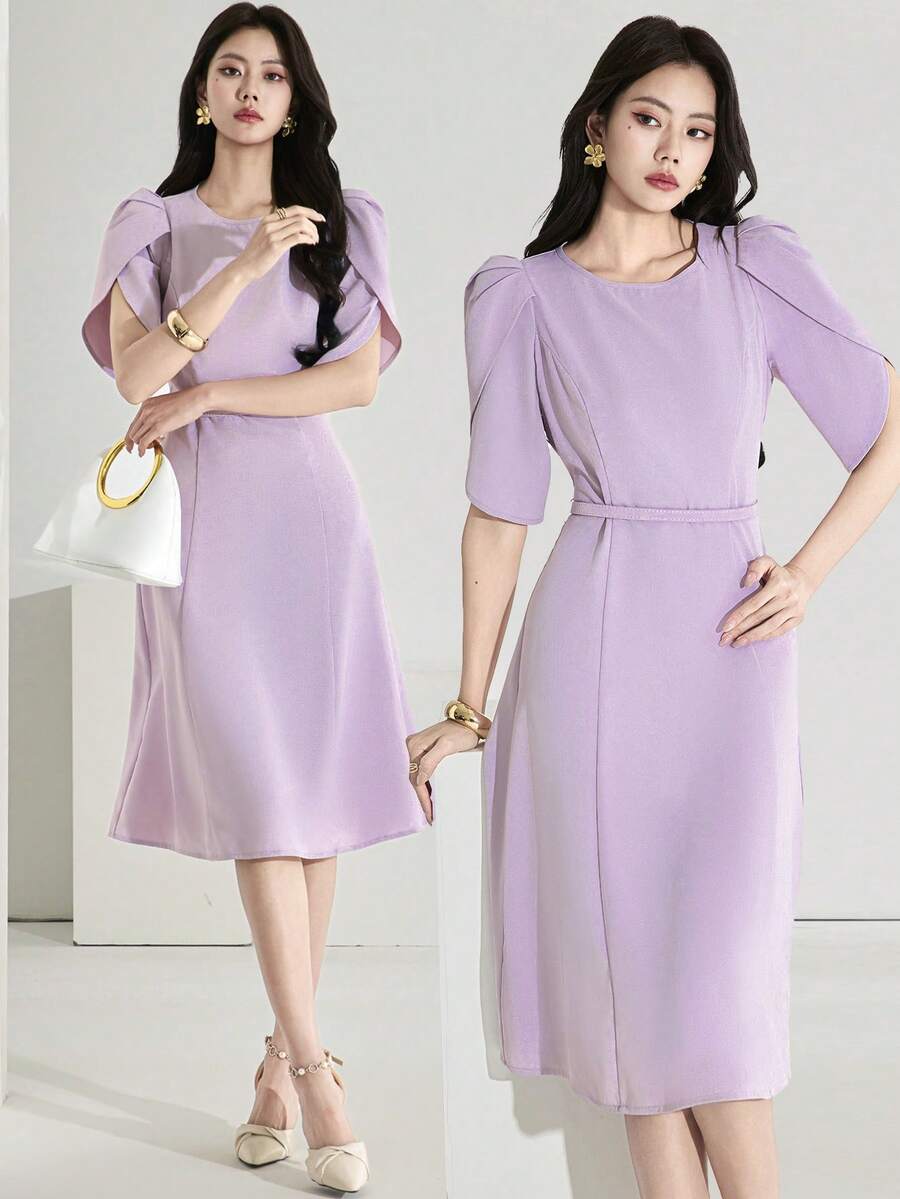 Heiryn Đầm tay cánh hoa thanh lịch, kiểu dáng thường ngày, có thắt lưng, thích hợp cho công sở mùa hè.