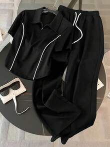 Resyla 2pcs Women Casual Collared Short Sleeve Top And Drawstring Waist Pants Set - Black - View 1