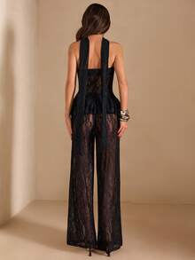 SHEIN BAE Black Lace Bandeau Flared Top & Sheer Lace Pants Sexy 2 Pieces Set, Spring/Summer Sexy Black Lace 2 Pieces Set Lace Two Piece Set - Black - View 2