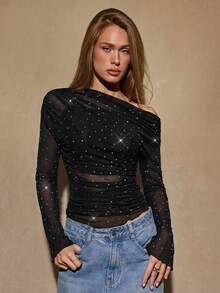 SHEIN BAE Blusa ajustada con adornos de strass, volantes asimétricos y malla transparente de moda sexy para mujer - Negro - Ver 3