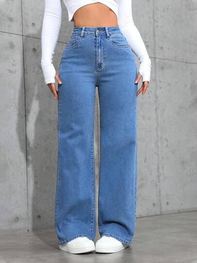 Jeanoix Women's High Waist Pockets Wide Leg Loose Casual Versatile Denim Pants