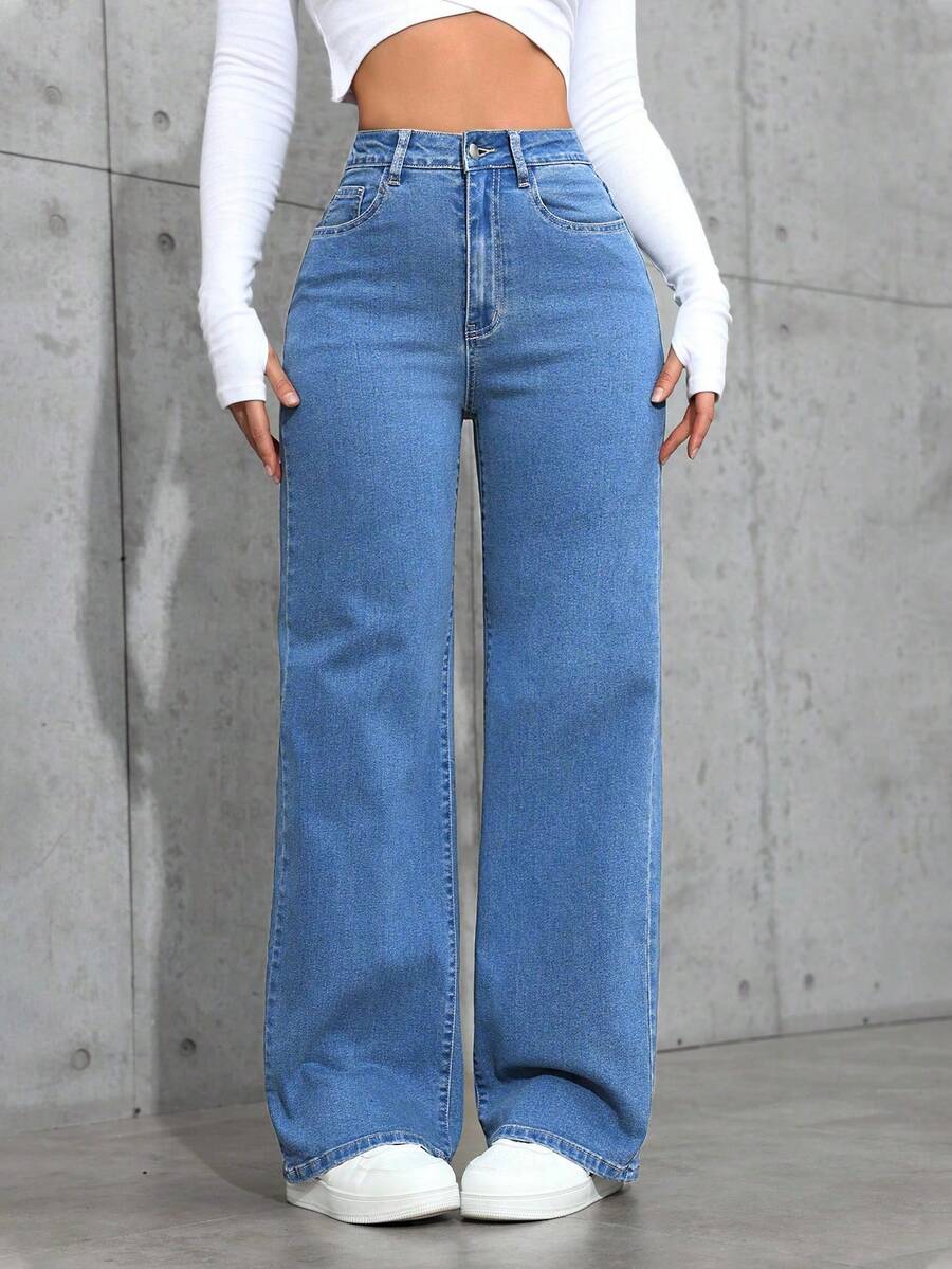 Jeanoix Women's High Waist Pockets Wide Leg Loose Casual Versatile Denim Pants - Medium Wash - View 1
