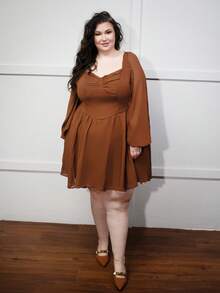 Truni Plus Tie Back Lantern Sleeve Ruched Bust Dress,Corset Dress For Women, For Pear & Triangle Body Shape - Chocolate Brown - View 1