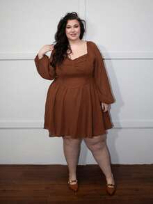 Truni Plus Tie Back Lantern Sleeve Ruched Bust Dress,Corset Dress For Women, For Pear & Triangle Body Shape - Chocolate Brown - View 3