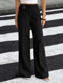 SHEIN Tall Women's Black Metal Buckle Casual Wide Leg Pants, Versatile For Autumn - Black - View 4