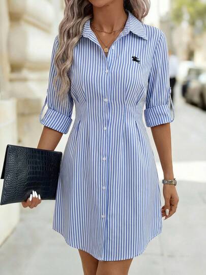 Reflora Vestido camisero de verano para mujer de talla grande, vestido con mangas cortas enrolladas, vestido con abertura frontal, vestido con estampado floral, vestido floral azul y blanco
