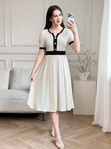 SHEIN Abito elegante per ragazze adolescenti, in maglia color albicocca, con texture jacquard, dettagli a contrasto in vita, bottoni metallici e linea ad A - Albicocca - Visualizzare 6