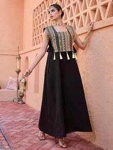 SHEIN Najma Square Neck Jacquard Fringed Sleeveless Flared Hem Arabic Style Dress For Women - Black - View 6