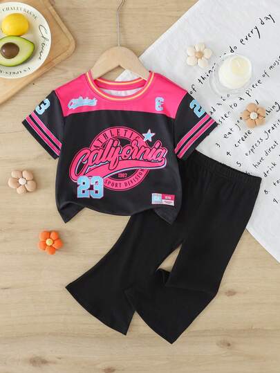 SHEIN Baby Girl Casual Fashion Street Chic Daily Commute Letter & Number Print Contrast Color Short Sleeve T-Shirt And Flare Pants Set, Spring/Summer/Autumn