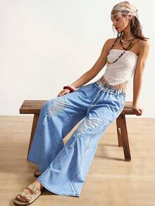 Bohemela Quần jeans nữ cạp cao, ống rộng, co giãn, thiết kế dáng rộng hình bướm và chất liệu vải mỏng nhẹ. Màu xanh nhạt. Thích hợp cho mùa hè, xuân, ngày lễ tình nhân, lễ hội, đi biển, du lịch, mặc thường ngày. - Rửa nhẹ - Xem 3