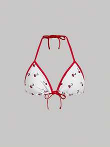 SHEIN MOD Conjunto de Maiô Bikini Sexy com Top de Manga Curta e Amarração no Pescoço, Estampa de Cereja, Praia de Verão - Vermelho e Branco - Visão 8
