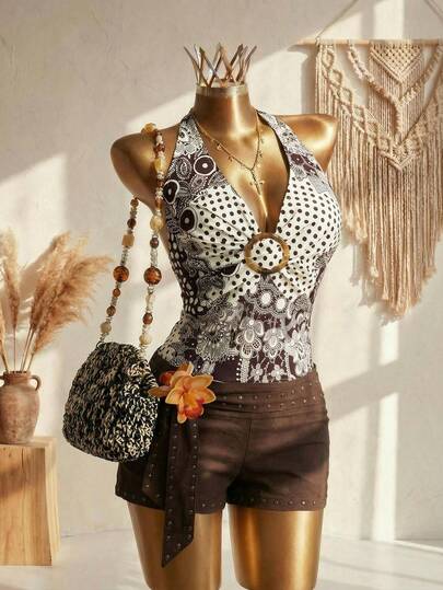 Elin Vora Women's Sexy & Elegant Halter Neck Top With Large Ring Decor, Fashion Design For Summer