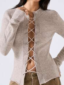 LYSMO New Minimalist Lace-Up Long Sleeve Sexy Sweater For Women, Spring Fall - Khaki - View 5