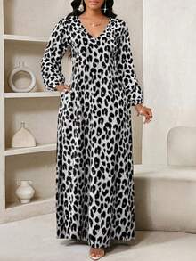 SHEIN Lady 女士欧美豹纹V领斜插口袋长袖连衣裙 - 灰色 - 查看 1