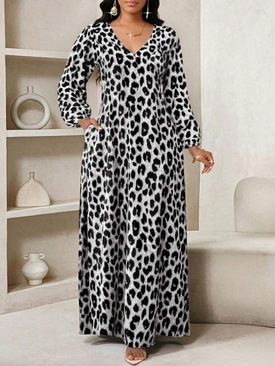 SHEIN Lady 女士欧美豹纹V领斜插口袋长袖连衣裙 - 灰色 - 查看 1