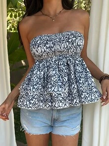 Sunnyshic 女士休闲度假日常百搭时尚波西米亚风佩斯利复古印花层叠荷叶边抹胸上衣 - 彩色 - 查看 3