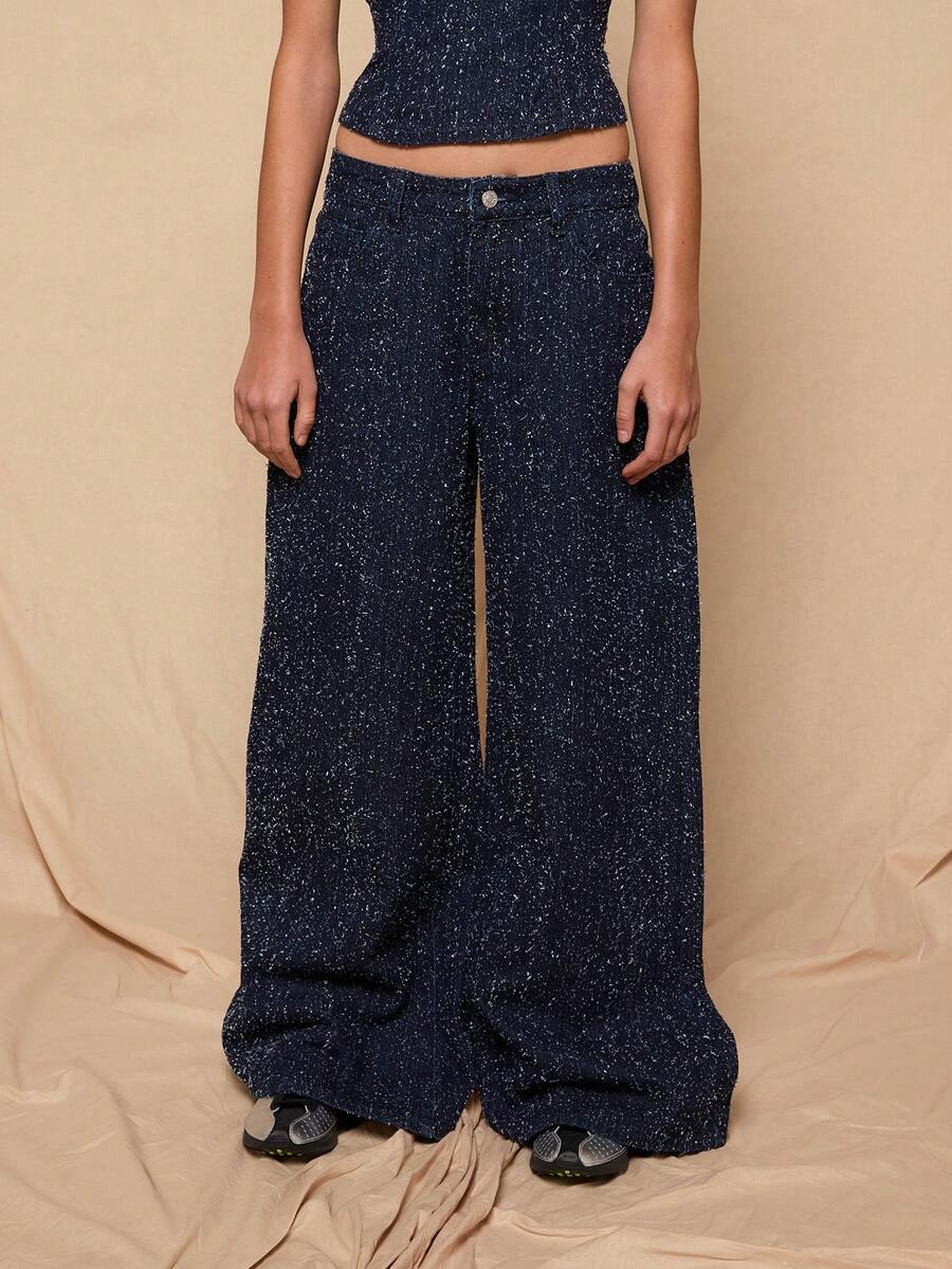 COUREZ 低腰超阔腿牛仔裤，靛蓝水洗纹理牛仔布/Y2K春季女装，可爱性感牛仔裤，外出穿搭，派对牛仔裤，夏季穿搭，两件套 - 藍色 - 查看 1