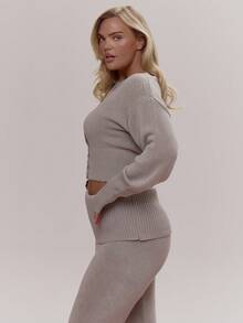 MUSERA Knitted Cinched Button Through Scallop Hem Top Cute Cosy Spring Everyday Sugar Swizzle - Grey - View 3